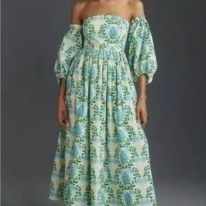 Anthropologie Blue and Green Floral Maxi Dress